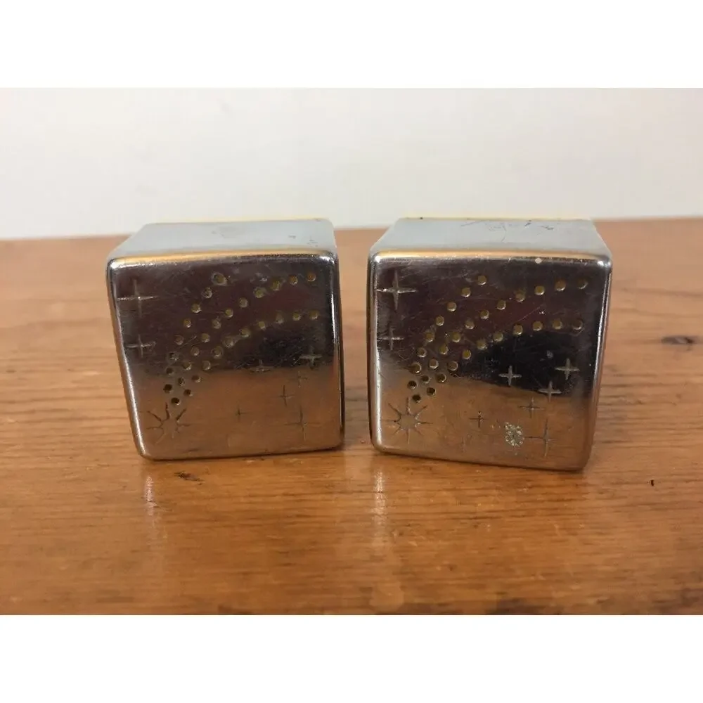 Vtg 30s Art Deco Skyway Chase Chrome Shooting Star Cube Salt Pepper Shaker Pair